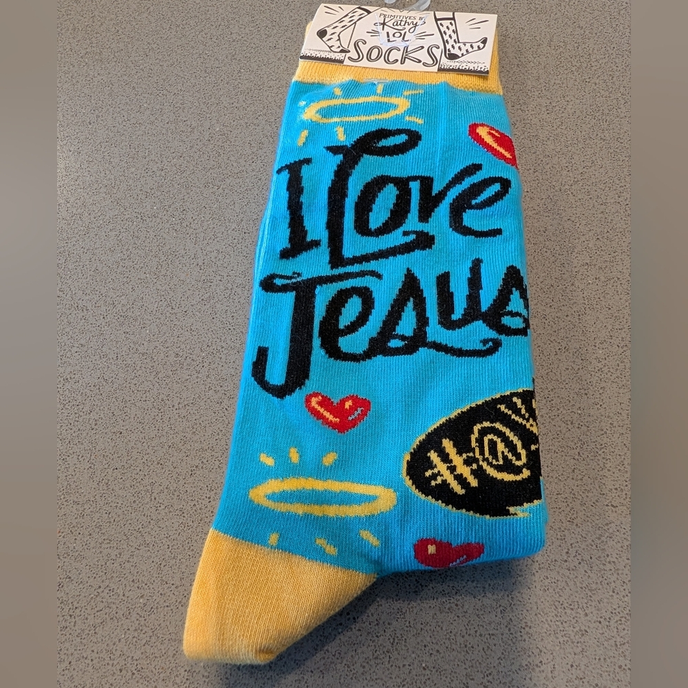 Primitives by Kathy Blue and Yellow 'I Love Jesus' Socks